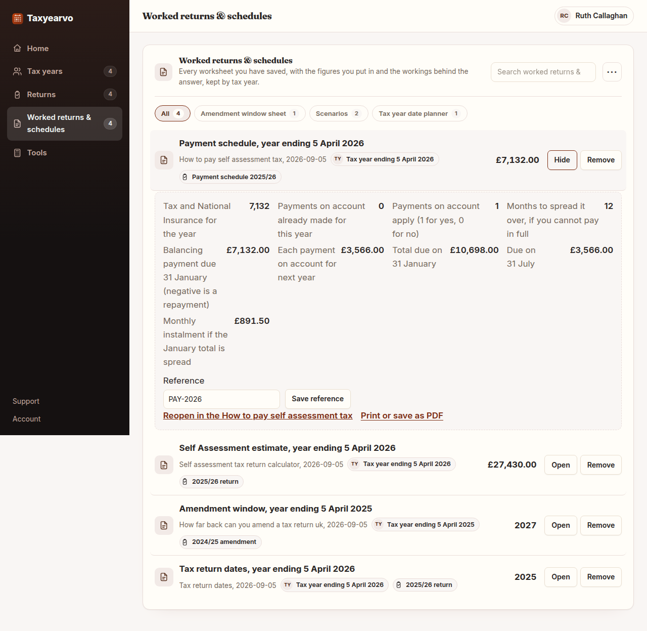 The payment sheet showing a tax year's balancing payment and both payments on account against their due dates, with a monthly instalment figure worked out beneath.