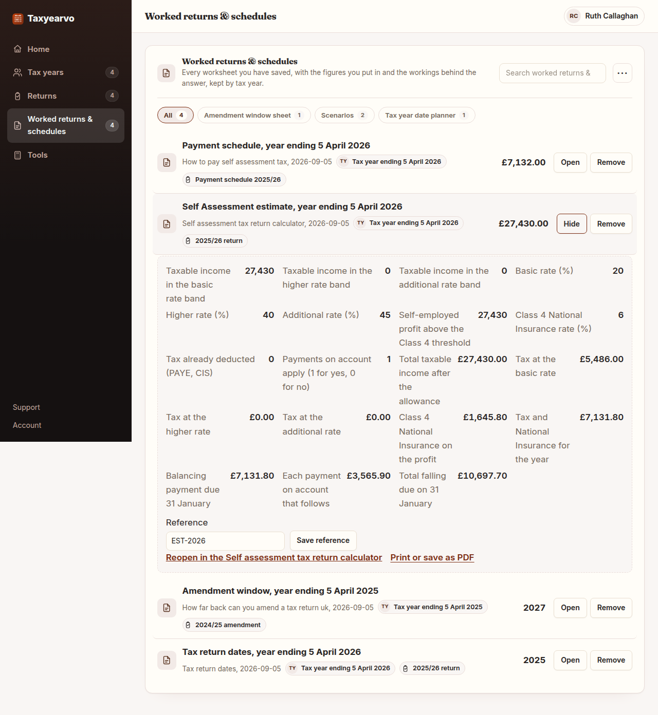 The Self Assessment estimator with income and expenses entered, showing the allowance, each rate band, the National Insurance line, the balancing payment and the two payments on account.