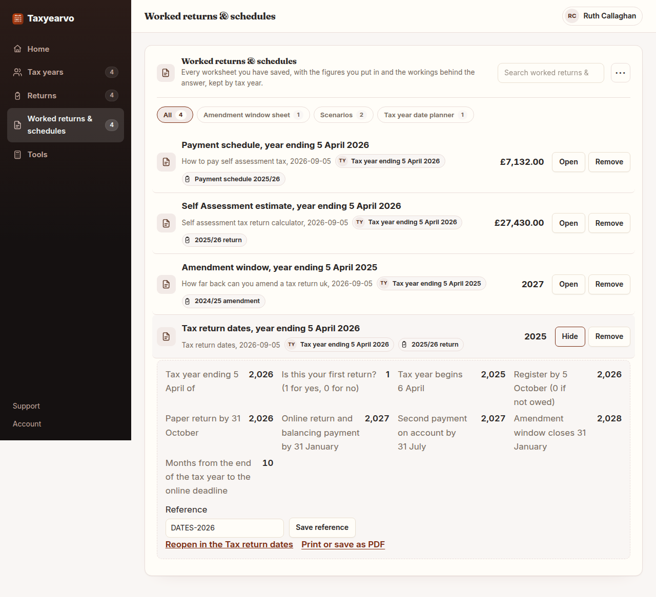 The tax year planner with a tax year selected, showing the registration, paper filing, online filing and payment dates against their calendar dates, saved to a Pro account.